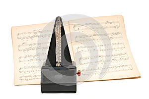 Metronome on sheet music background photo