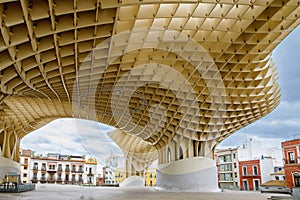 Metropol Parasol wooden structure located in the old quarter of Seville, Spain. Empty place without people.