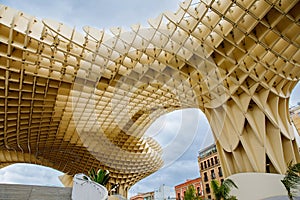 Metropol Parasol wooden structure located in the old quarter of Seville, Spain. Empty place without people.