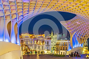 Metropol Parasol wooden structure with Seville city skyline in the old quarter of Seville in Spain