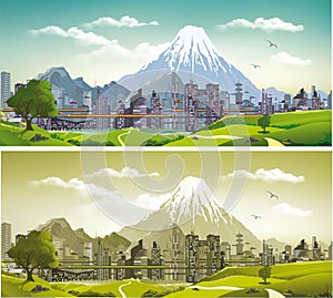 The metropolis on the background of mountains and volcano