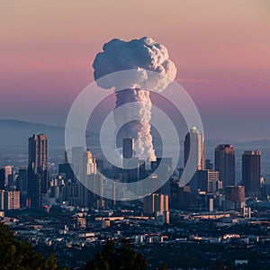 Metropolis gleaming in evening sun, colossal nuclear mushroom cloud