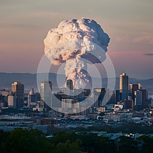 Metropolis gleaming in evening sun, colossal nuclear mushroom cloud