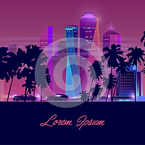 Metropolis nightlife neon cartoon vector banner