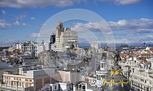 Metropolis, Panoramic aerial view of Gran Via, main shopping street in Madrid, capital of Spain, Europe.