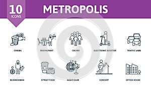 Metropolis set icon. Editable icons metropolis theme such as cinema, crowd, traffic jams and more.