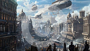 A metropolis in the style of steampunk, with airships and inhabitants