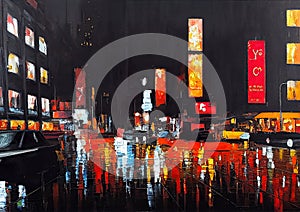 Metropolitan city at night oil knife painting