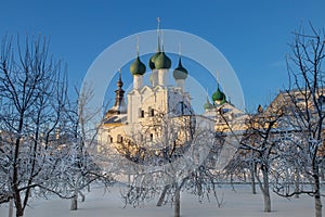 Metropolitan garden and the Church of St. George the Theologian in winter in Rostov kremlin, Russia