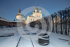 Metropolitan garden, Grigorievskaya Tower and the Church of St. George the Theologian in winter in Rostov kremlin, Russia