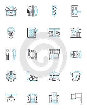 Metropolitan guide linear icons set. Cityscape, Urbanity, Megacity, Diversity, Connectivity, Nightlife, Cuisine line
