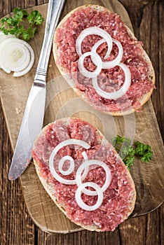 Mett on a bun (German cuisine; selective focus)