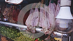 Meuk kream or khmer dried squid sold in a traditional food stall in Cambodia