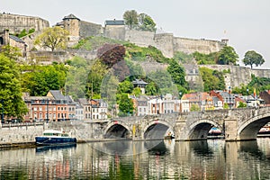 Meuse river with Jambes bridge and Citadel of Namur fortress on the hill, Namur, Wallonia, Belgium