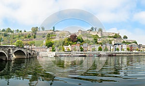 Meuse river with Jambes bridge and Citadel of Namur fortress on the hill, Namur, Wallonia, Belgium