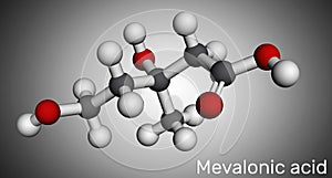 Mevalonic acid, MVA, R-mevalonic acid molecule. It is precursor in the mevalonate pathway, carboxylate anion is mevalonate. photo
