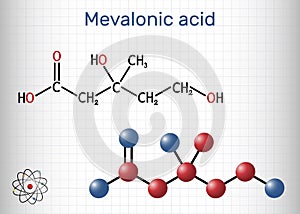 Mevalonic acid, MVA, R-mevalonic acid molecule. It is precursor in the mevalonate pathway, carboxylate anion is mevalonate. Sheet photo