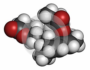 Mevastatin hypercholesterolemia drug molecule. Atoms are represented as spheres with conventional color coding: hydrogen white,.