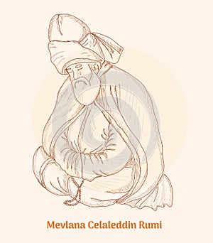 Mevlana Celaleddin Rumi hand drawing vector illustration