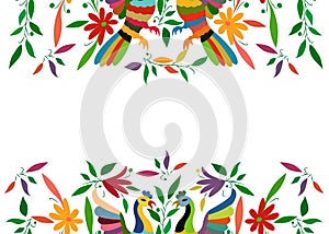 Mexican Traditional Textile Embroidery Style from Tenango City, Hidalgo, MÃÂ©xico. Copy Space Floral Composition wit Peacock photo