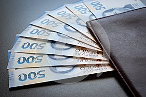 Mexican 500 pesos pile of blue bucks inside a wallet