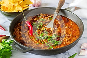 Mexican and American food Chili con carne served with nachos, pepper and herbs. photo