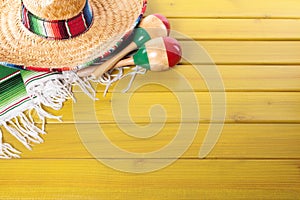 Mexico, Mexican fiesta background sombrero maracas wood copy space