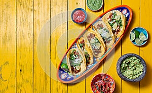 Mexican background with tacos al pastor and mexican sauces. Yellow wooden background, copy space, top view