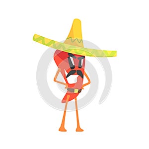 Mexican Bandit Red Hot Chili Pepper Humanized Emotional Flat Cartoon Character With Moustache Wearing Sombrero And A