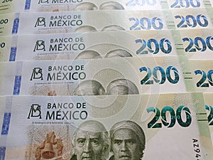 mexican banknotes of 200 pesos, background and texture