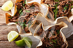 Mexican barbacoa tacos with spicy pulled beef close-up. horizontal top view photo