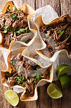 Mexican barbacoa tacos with spicy pulled beef close-up. Vertical photo