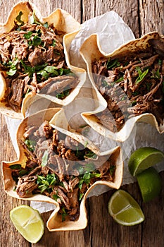 Mexican barbacoa tacos with spicy pulled beef close-up. Vertical