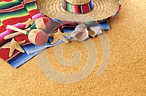 Mexican beach background, sombrero, copy space