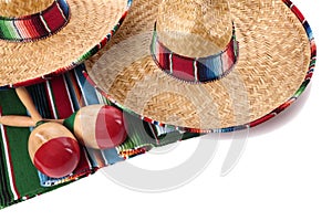 Mexico, Mexican blanket and sombreros isolated white background photo