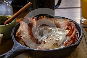 mexican breakfast, chilaquiles with egg and toasted bread, chorizo de un costado deep dish photo