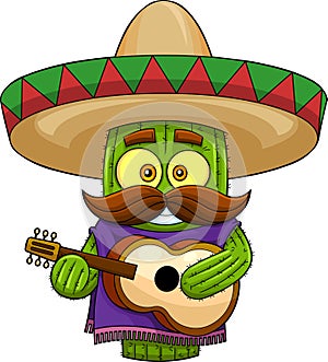 Mexican Cactus Cartoon Character Playing Guitar