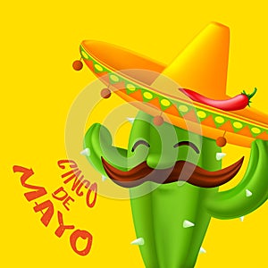 Mexican cactus with mustaches in a sombrero hat with red chili pepper on it. Funny cartoon character isolated on a yellow