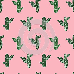 Mexican cactus seamless pattern isolated on pink background. Hand painted cacti set in collage paper cut style. botanical print