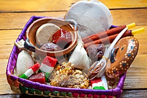 Mexican candies on wooden background