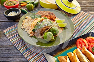 Mexican carnitas tacos with salsa and Mexico food