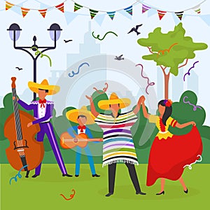 Mexican carnival in park, two mexicans play the guitar, man and a woman are dancing in national costumas, flat vector
