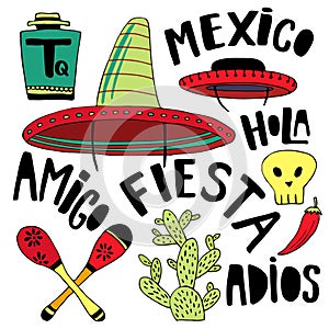 Mexican cartoon elements and words collection. Cinco de mayo holiday decor. Doodle hand drawn decorations for your design