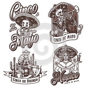 Mexican celebration monochrome labels set