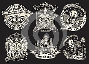 Mexican celebration monochrome labels set