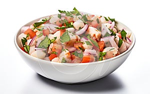 Mexican Ceviche Presented Alone on a Clean White Canvas.