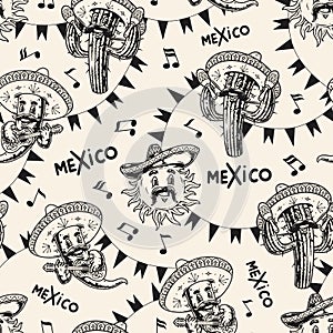 Mexican characters monochrome seamless pattern