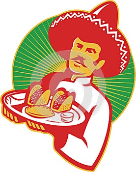 Mexican Chef Serving Taco Burrito Empanada Retro