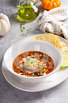 Mexican chicken soup topped with cotija cheese