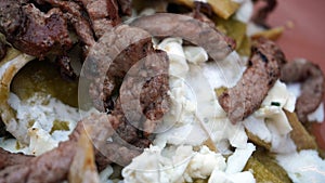 Mexican chilaquiles with meat background